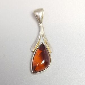 Vintage Sterling Silver and Orange Amber Pendant, Cabochon Modern Design, Estate